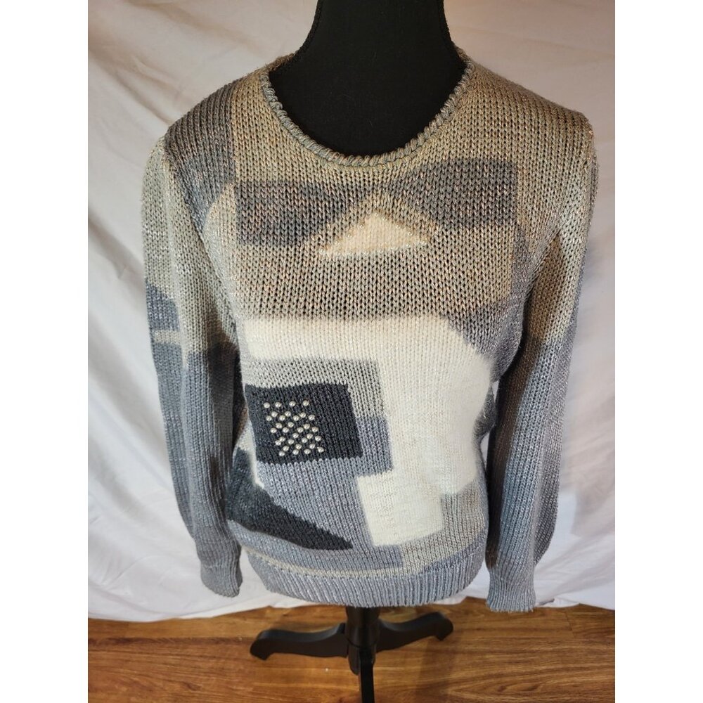 Vintage Christine Silver & White Beaded Sweater Medium‎